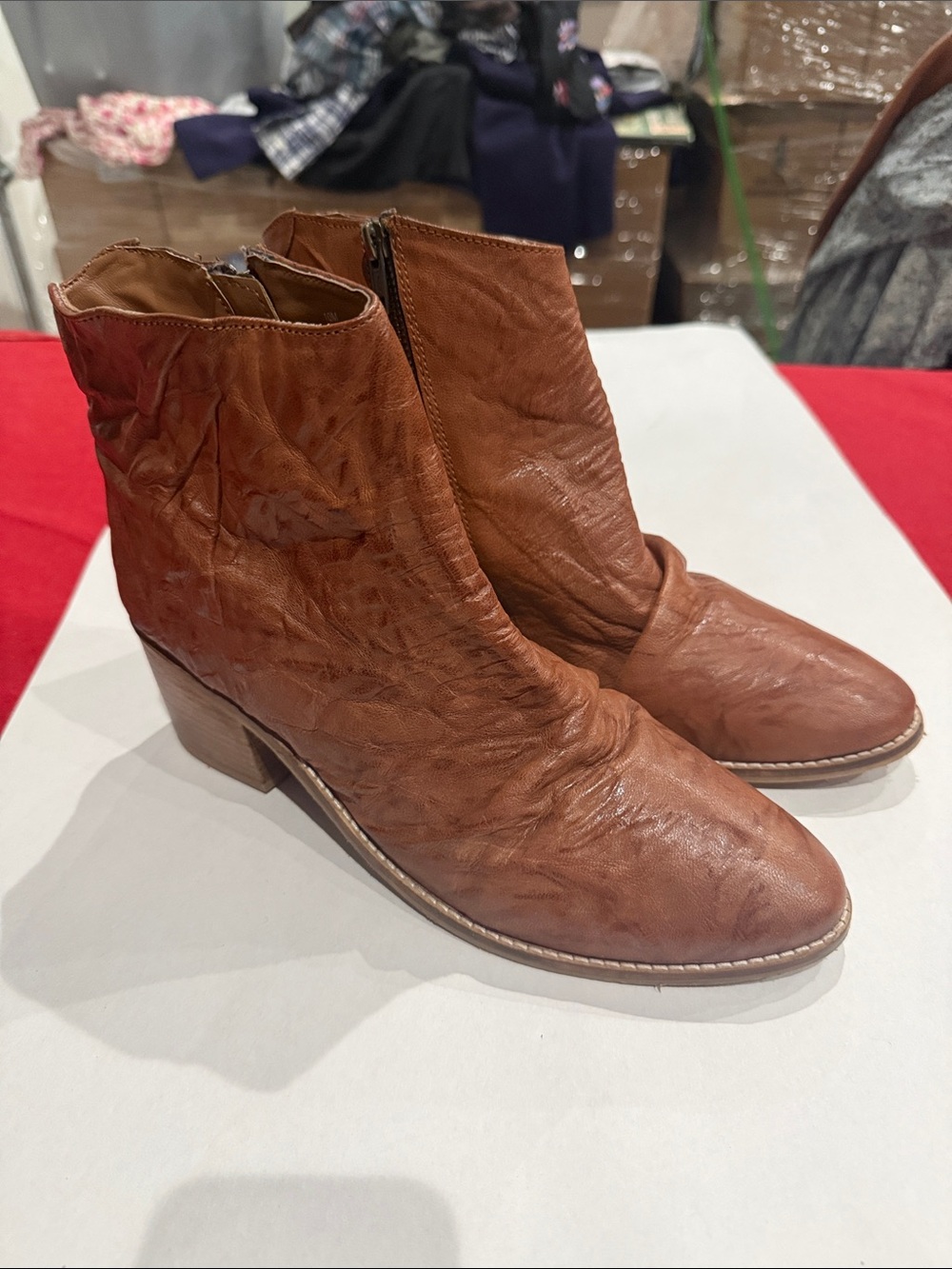Women's Tan Leather Ankle Booties with Side Zip